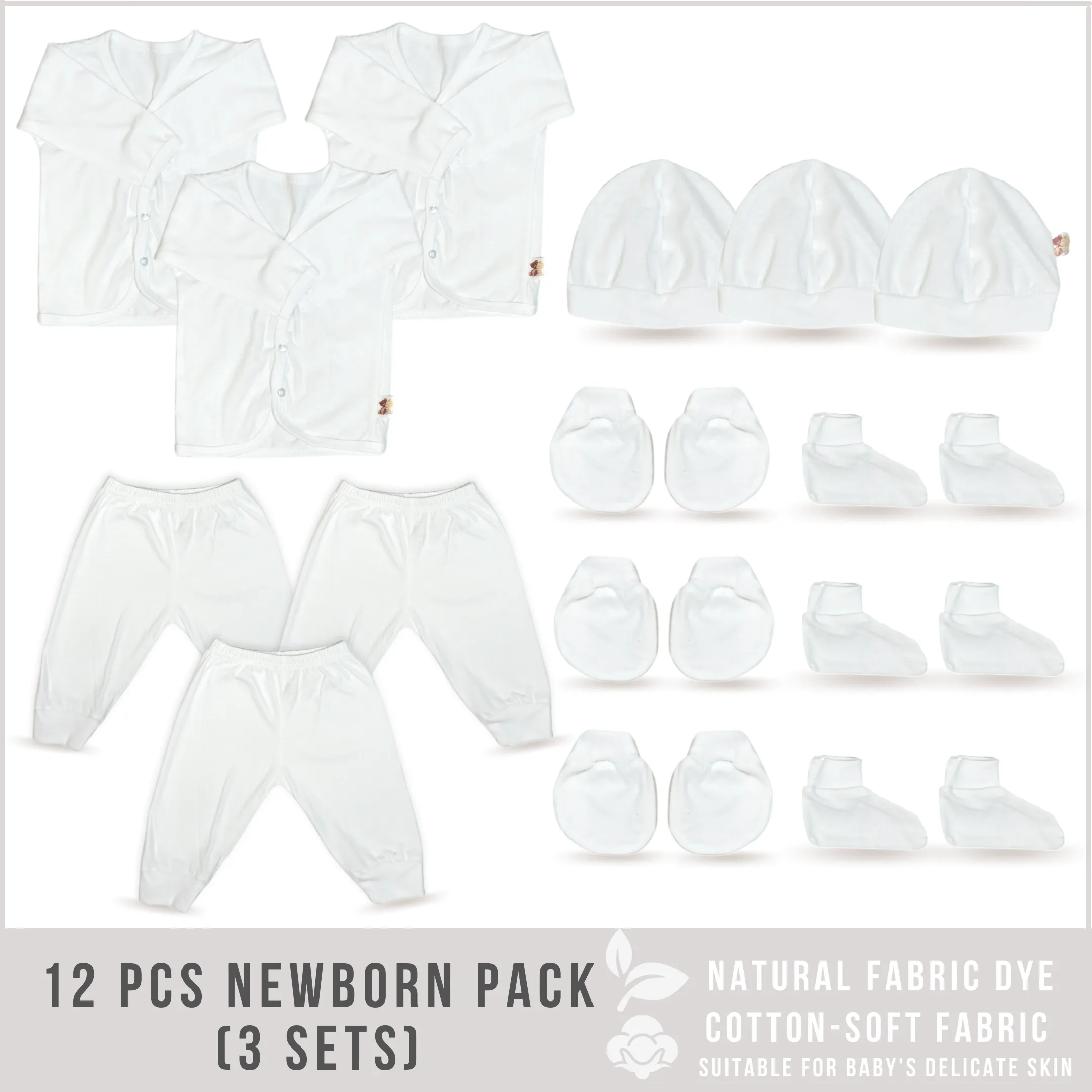 12 Pieces Newborn Clothes (3 Sets WHITE Color)