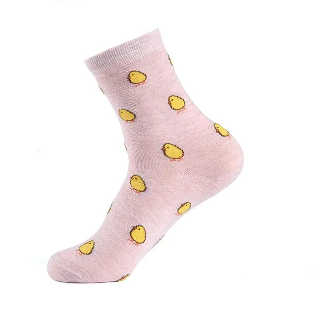 All Season Cartoon Pattern Printed Solid Color Women's Cotton Socks