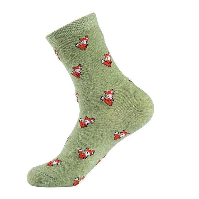 All Season Cartoon Pattern Printed Solid Color Women's Cotton Socks