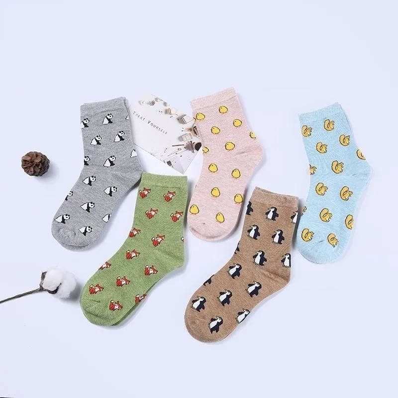 All Season Cartoon Pattern Printed Solid Color Women's Cotton Socks