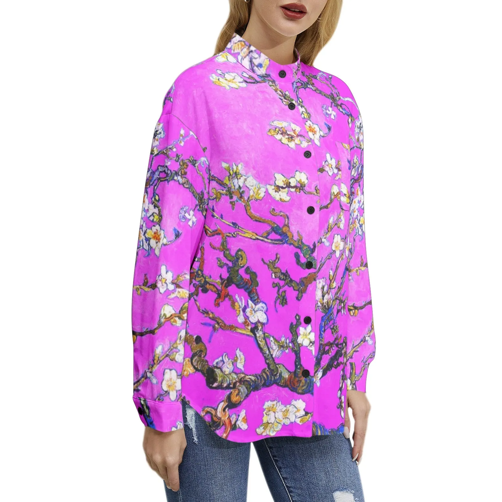 Almond Blossoms and Lavender Skies Long Sleeve Button Up Casual Shirt Top