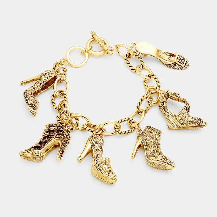 Antique Gold Multi Heel Charm Station Bracelet for Women