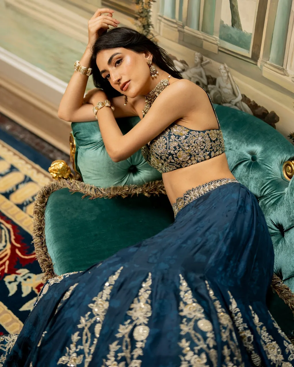 Blue Self Woven Kali Embroidered Lehenga Set