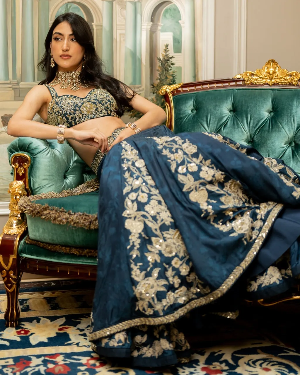 Blue Self Woven Kali Embroidered Lehenga Set