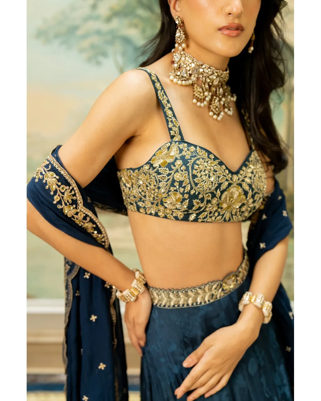 Blue Self Woven Kali Embroidered Lehenga Set