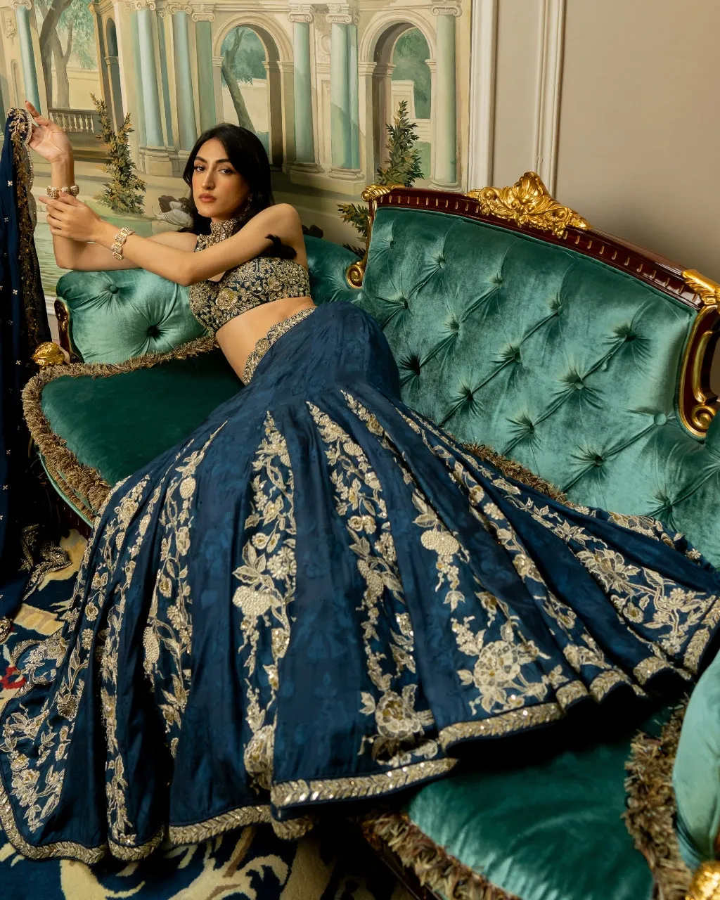 Blue Self Woven Kali Embroidered Lehenga Set