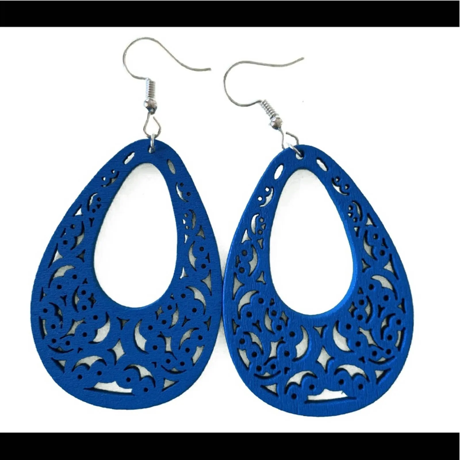 Blue Wood Ornate Cutout Drop Dangle Earrings NEW