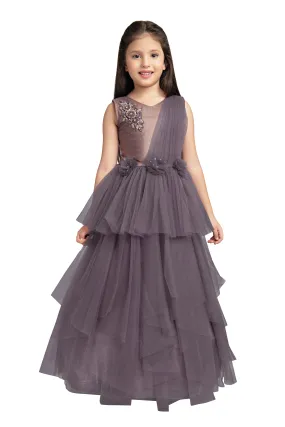 Burgundy Coloured Imported Net Ruffle Style Gown For Girls