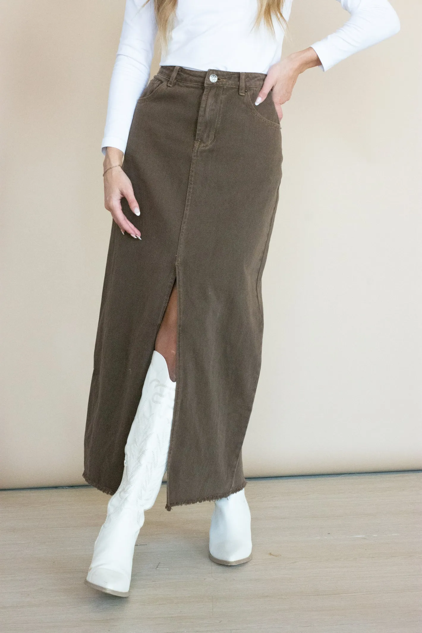 Chasing Dreams Brown Denim Midi Skirt