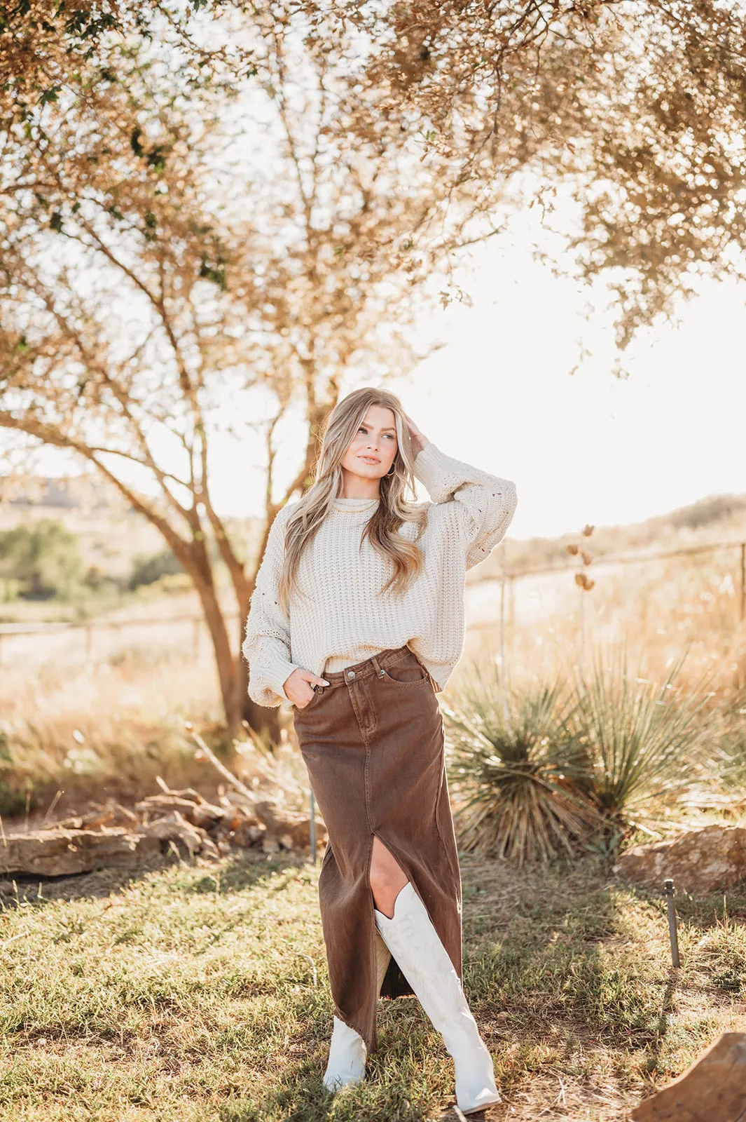 Chasing Dreams Brown Denim Midi Skirt