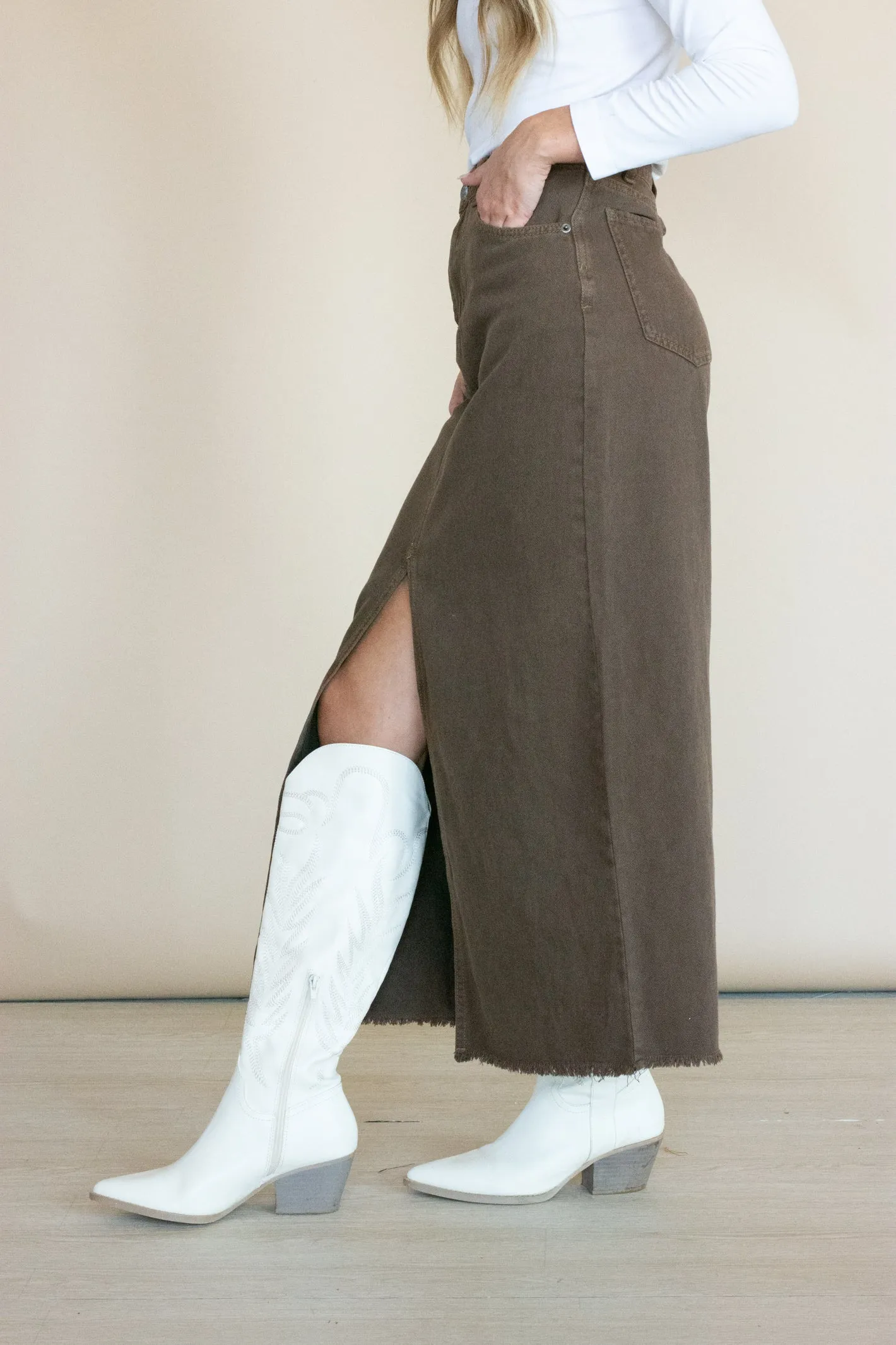 Chasing Dreams Brown Denim Midi Skirt