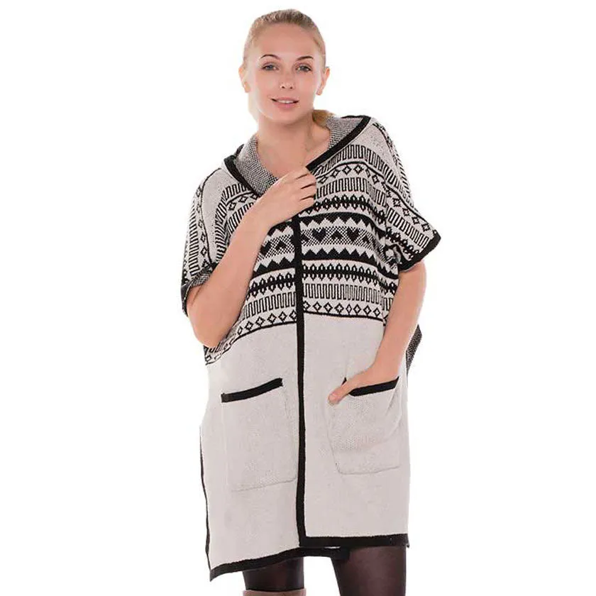 Chevron Hooded Long Cardigan Ruana