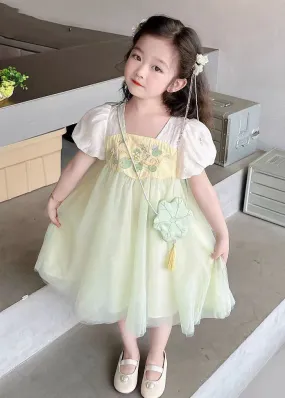 Cute Light Green Square Collar Patchwork Tulle Kids Long Dresses Short Sleeve MN008