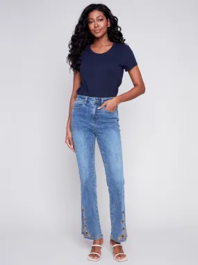 Embroidered Bootcut Jeans with Front Slits - Medium Blue