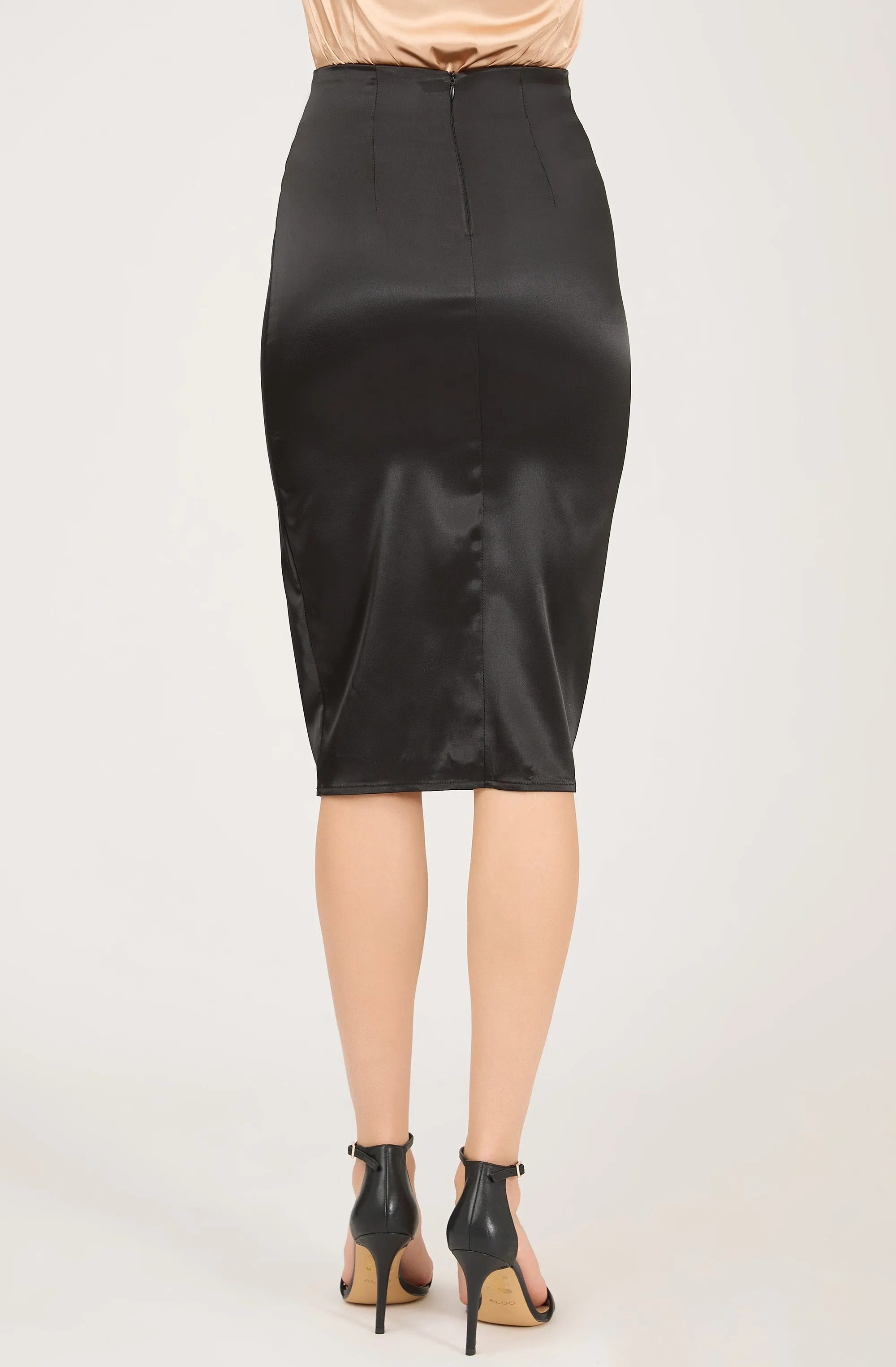 Fitted Knee-Length Satin Skirt with Side Slit