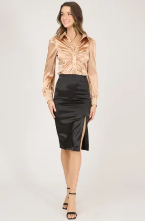 Fitted Knee-Length Satin Skirt with Side Slit