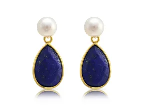 Freshwater Pearl Stud and Lapis Tear Drop Earrings