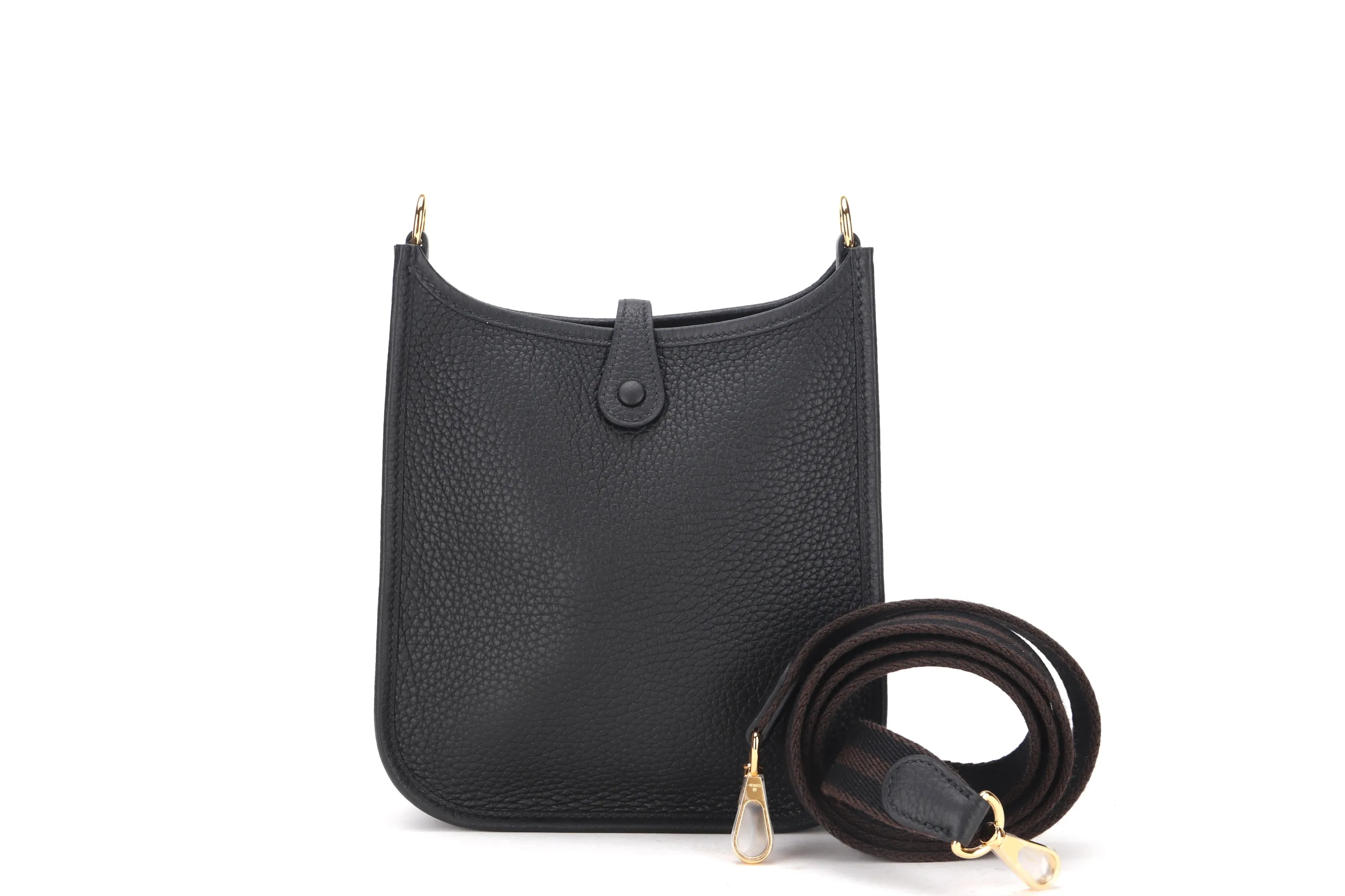 HERMES MINI EVELYNE TPM (STAMP B) BLACK CLEMENCE AMAZONE STRAP GOLD HARDWARE, WITH STRAP, DUST COVER & BOX