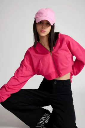 Hot Pink Crop Zipper Hoodie