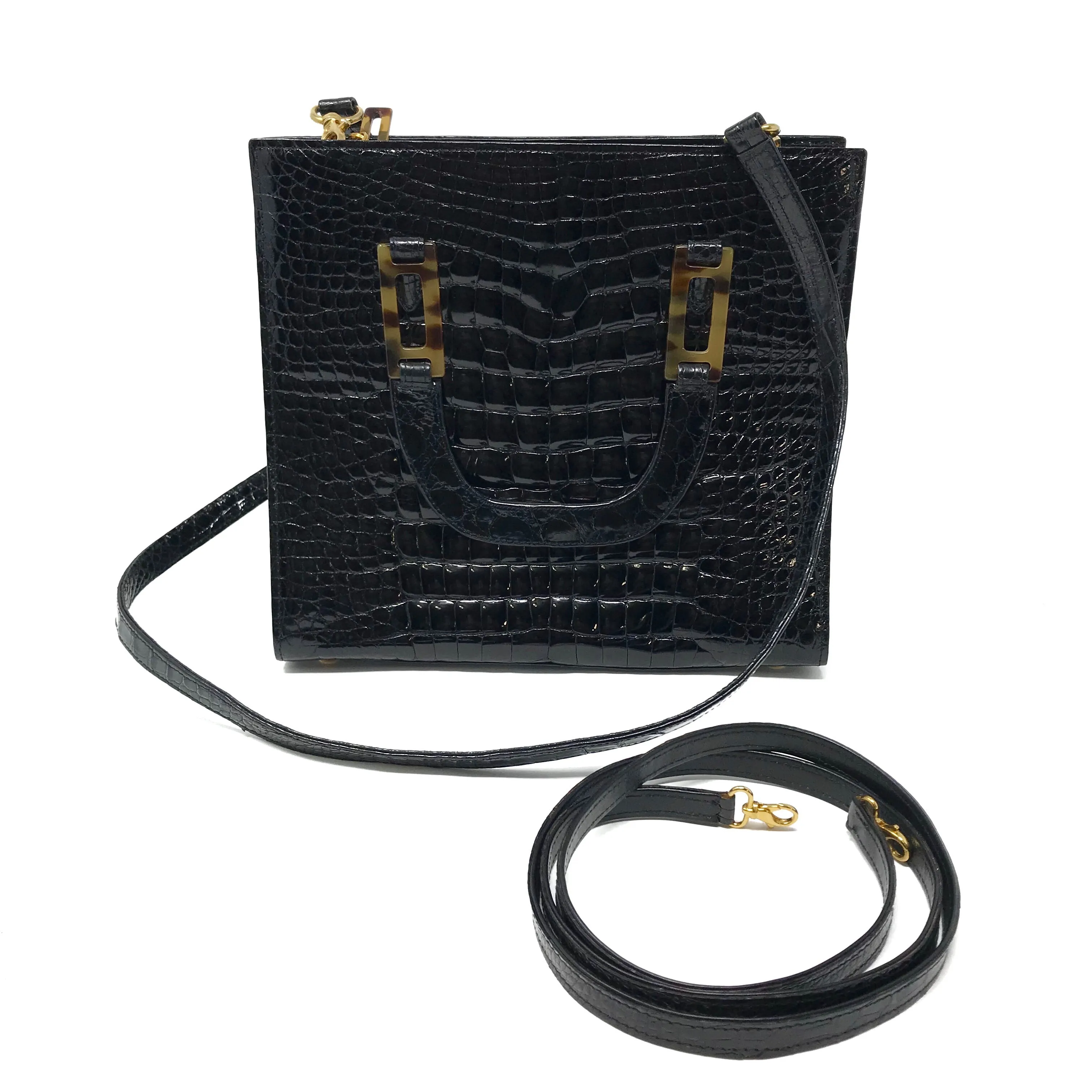 Lana Marks Black Crocodile Crossbody Bag Tortoise Trim