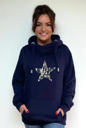 Luxury Cowl Neck Silver Camo Star Hoodie - Midnight Blue