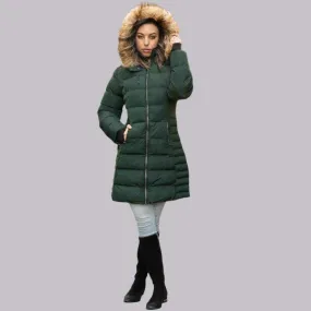 Mid Length Women Winter Coat with Fleece Lining and Fur Trim Hood