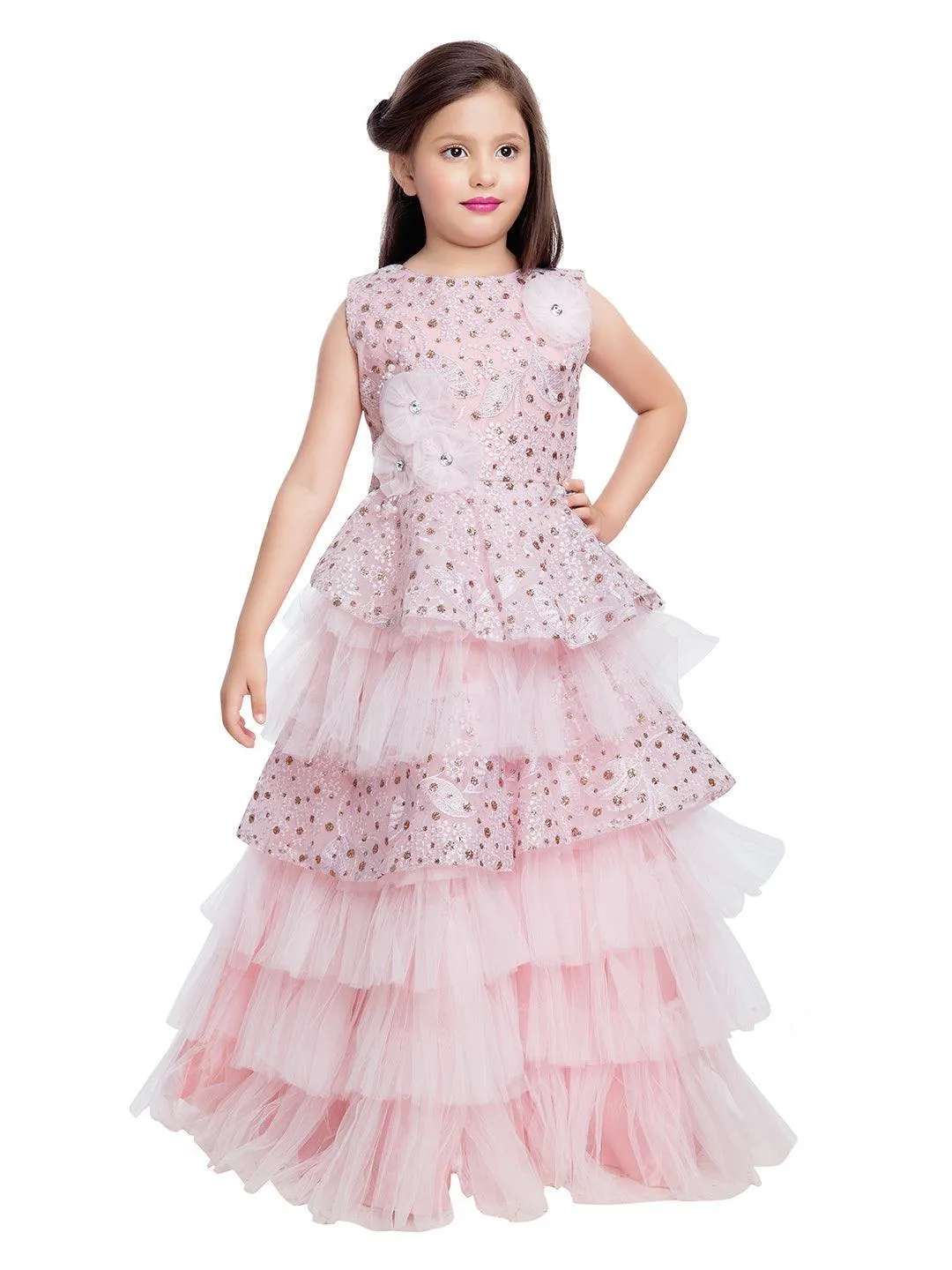 Pink Coloured Imported Fabric Layered Styled Gown For Girls