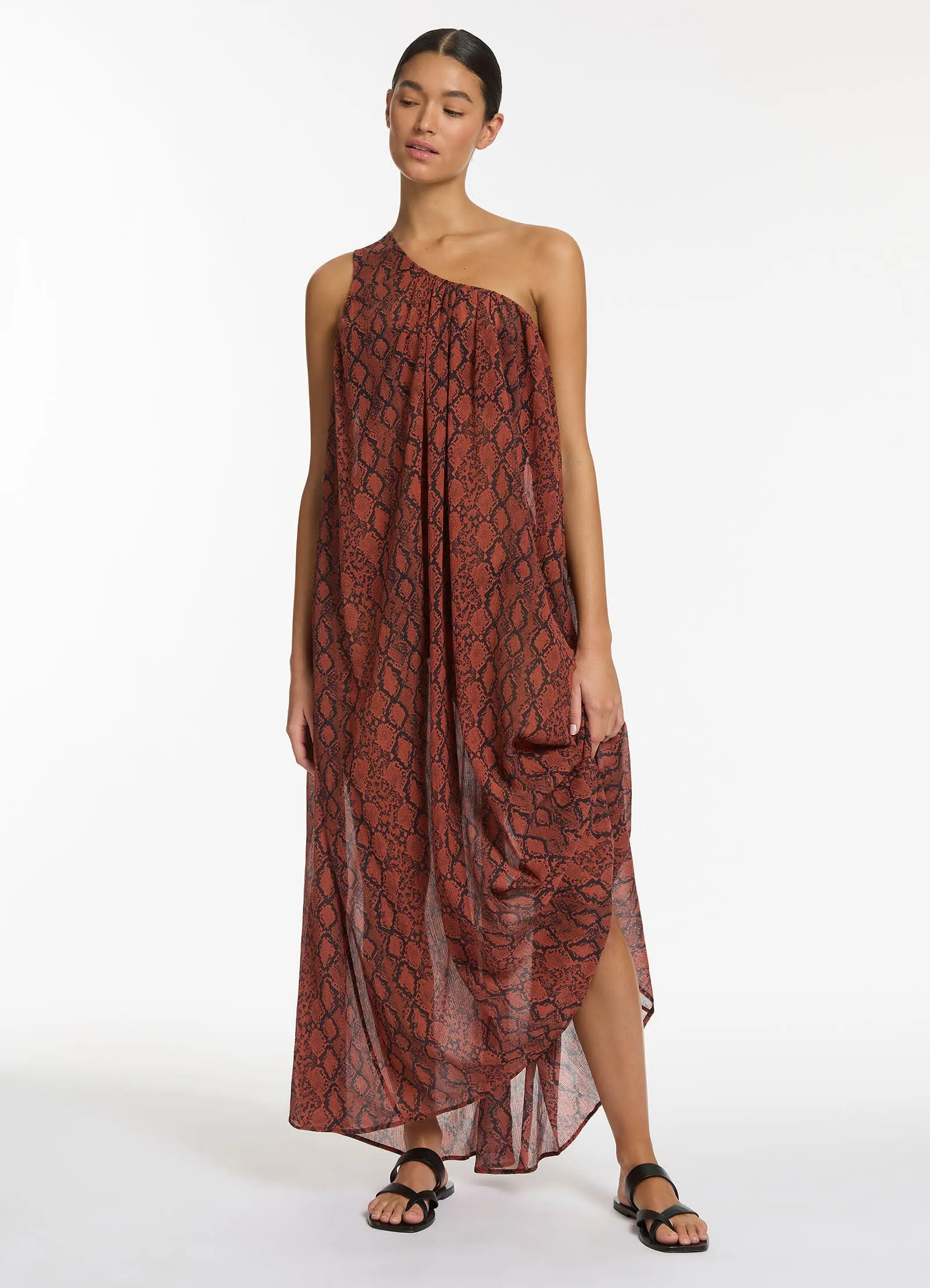 Python Crinkle One Shoulder Maxi Dress - Spice