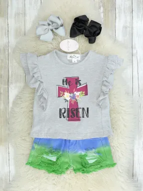 "Risen" Cross Ruffle Top & Ombre Shorts Outfit