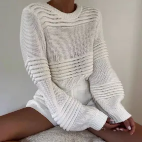 Rib True Knit Womens Round Neck Balloon Sleeve Sweater Jumper