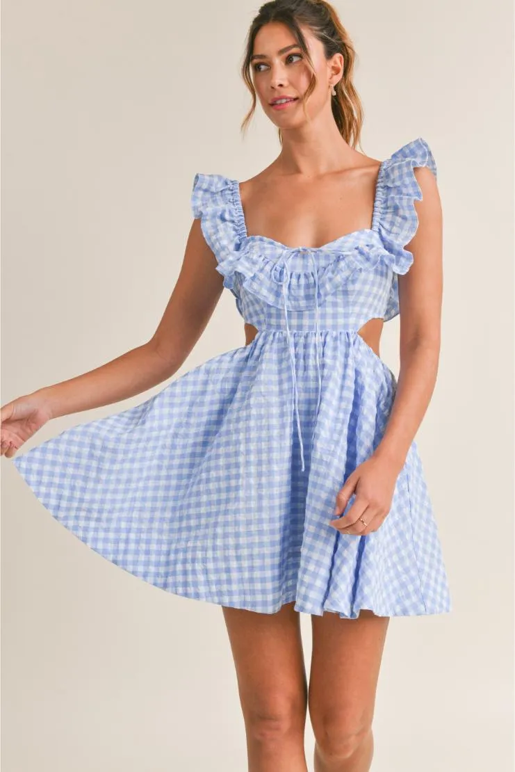 Savannah Ruffled Mini Sun Dress - Blue Gingham