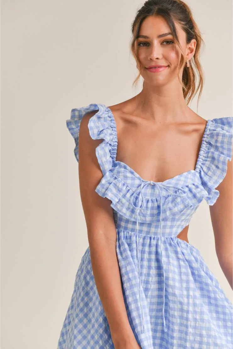 Savannah Ruffled Mini Sun Dress - Blue Gingham