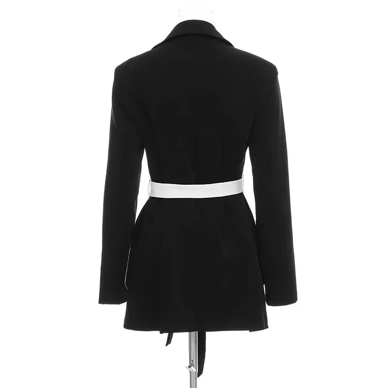 SHANA BLACK & WHITE BELTED BLAZER WITH LARGE POCKETS