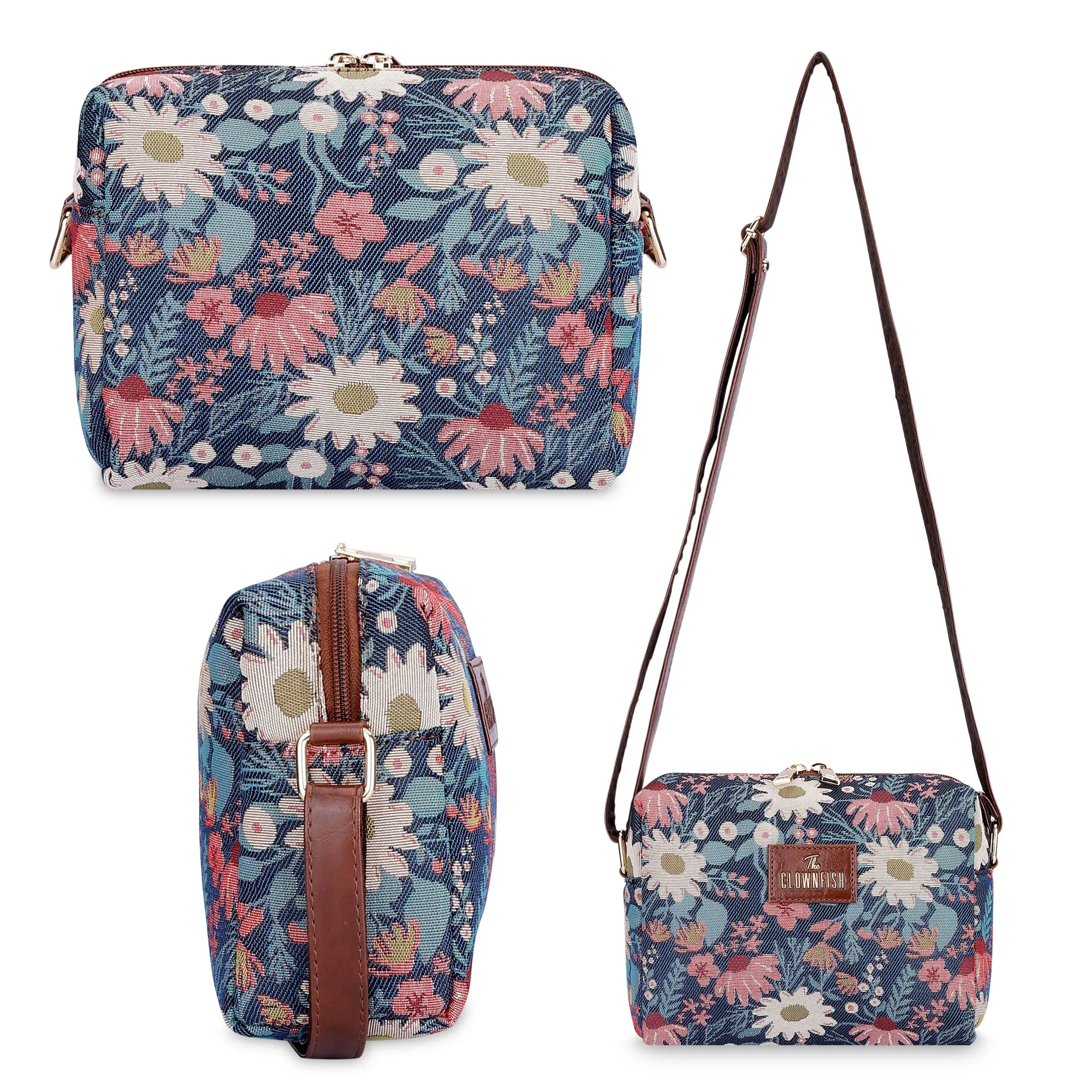 THE CLOWNFISH Combo Of Adelina Sling for Women Crossbody Bag for Ladies College Girls & Justina Tapestry Fabric & Faux Leather Handbag for Women (Purple-Floral)