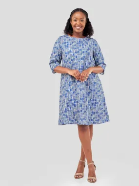 Vivo Pendo 3/4 Sleeve Knee Length Tent Dress - Navy Blue / Taupe Abstract Print